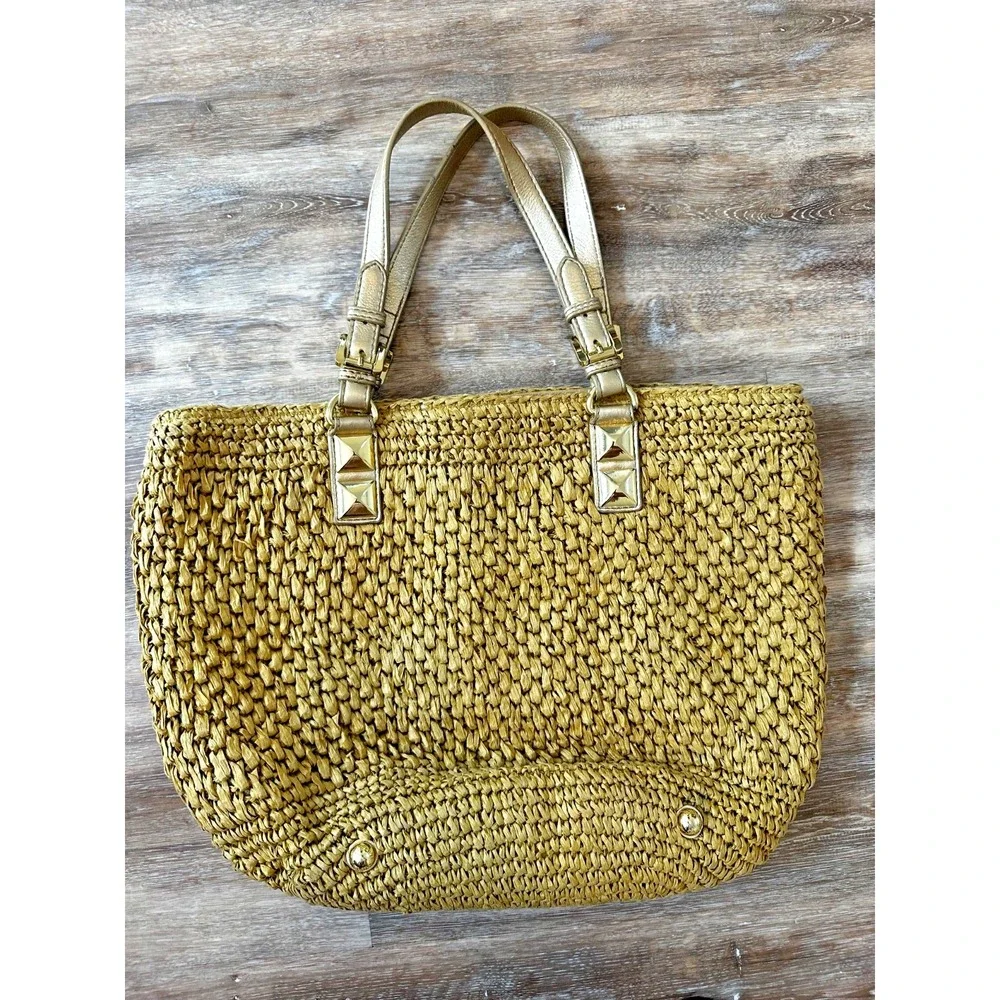 Michael Kors Woven Straw Purse Tote Gold Tone Fob Footed Shoulder Bag